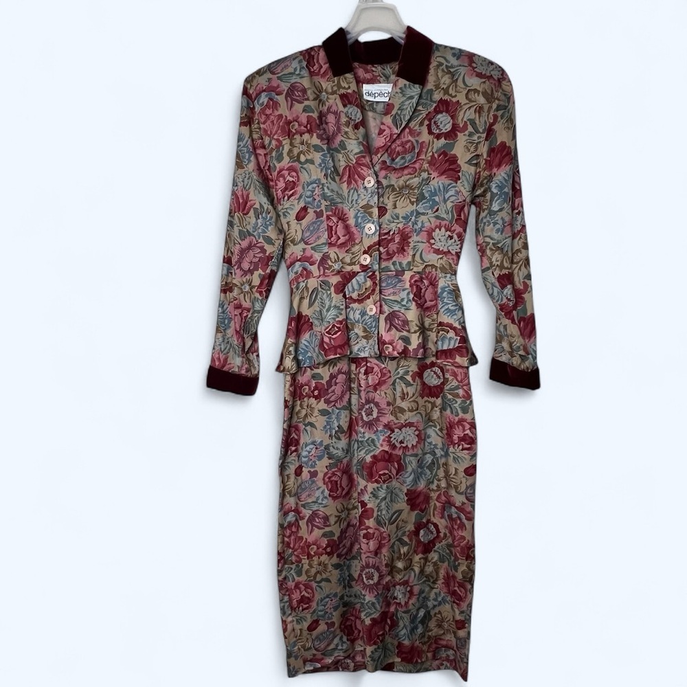Vintage Depeche red floral velvet trim midi dress